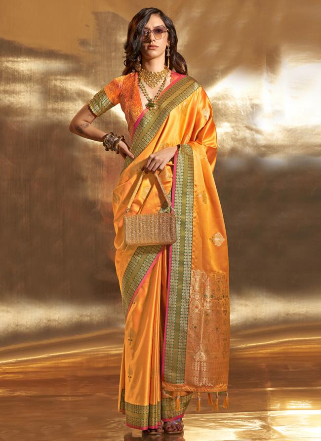 Satin Silk Orange Festival Wear Weaving Saree